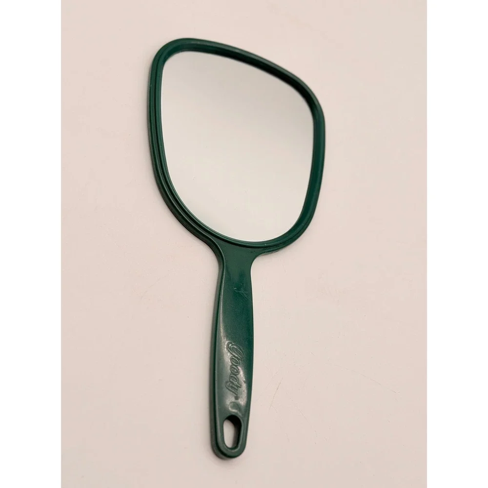 Vintage Goody Handheld Mirror Forest Green Plastic Shield Shape Retro Vanity